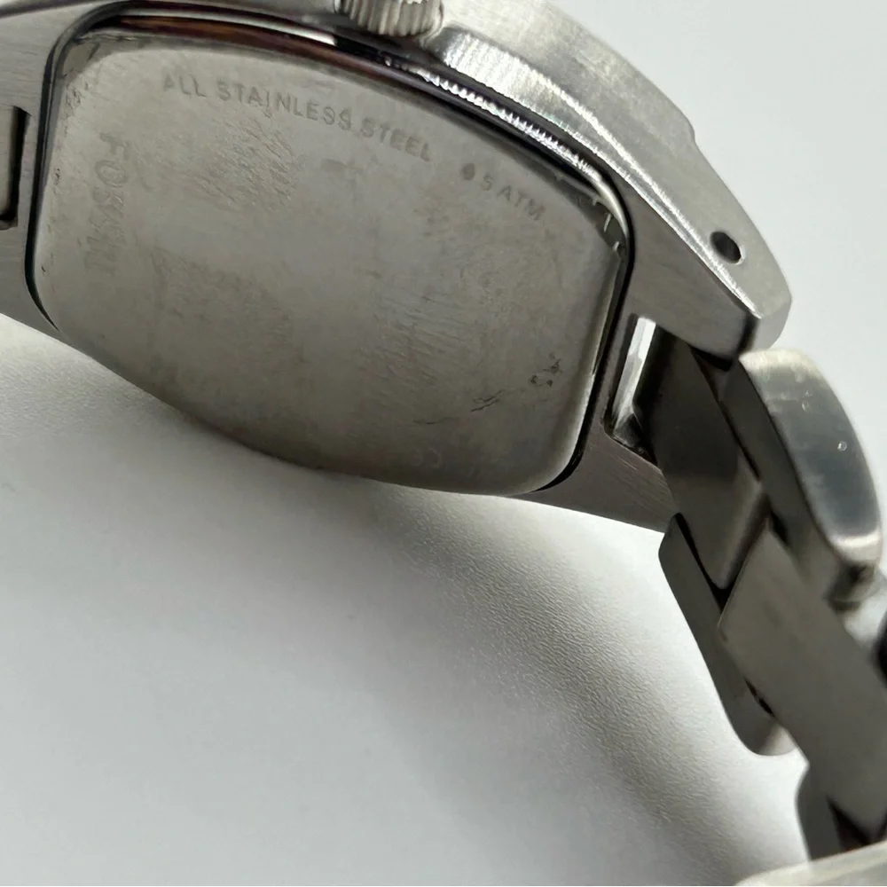 Womens Fossil Date Watch All Stainless Steel White Waffle Face work 203
